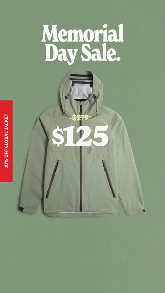 This single image ad promotes a Memorial Day sale, offering a global jacket at a discounted price.