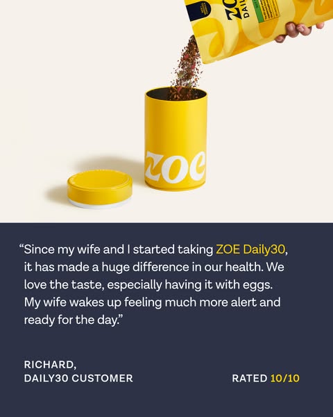An image ad promoting ZOE Daily30. It features a testimonial from a customer named Richard who says that since he and hi