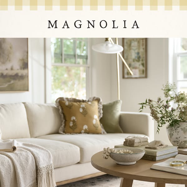 This image ad showcases a tastefully decorated living room setting by Magnolia, highlighting the brand's commitment 