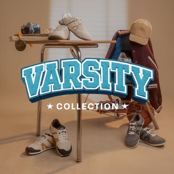 This ad features a collection of sneakers in an aesthetic that references varsity sports and high school culture.