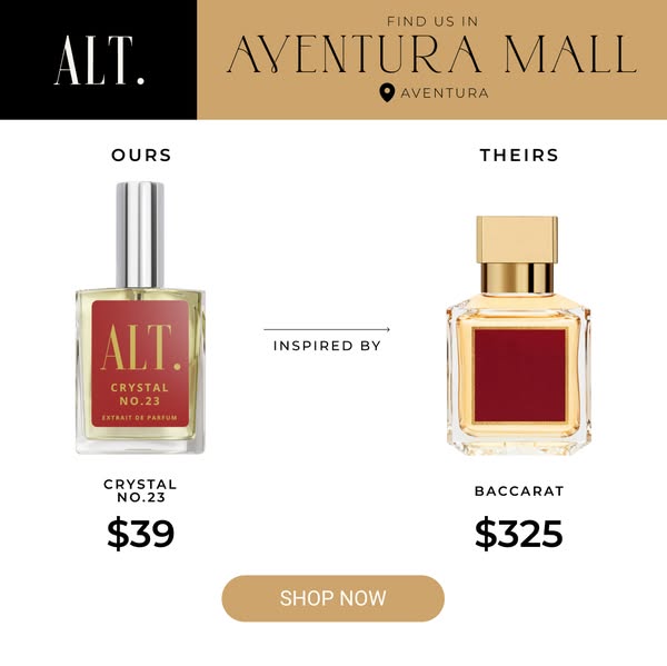 A side-by-side comparison ad that highlights ALT.'s Crystal No.23 fragrance as a cost-effective alternative to Bacca
