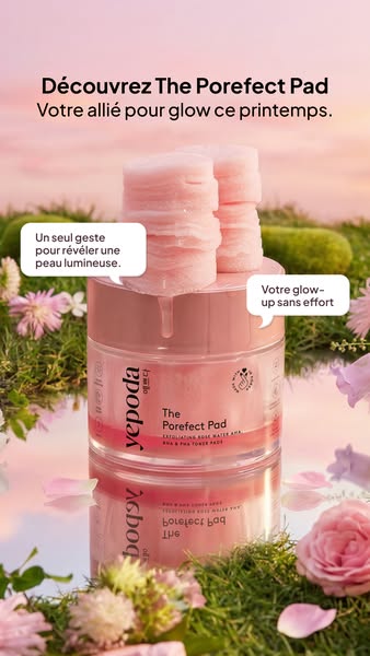 An ad for Yepoda's The Porefect Pad featuring the product surrounded by flowers with text bubbles about the pad'