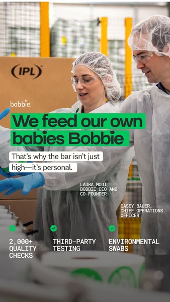This ad for Bobbie baby formula highlights the brand's commitment to quality and safety by showcasing its manufactur
