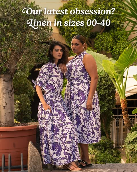An image ad promoting the brand's new linen dresses in sizes 00-40. The ad features two women of different sizes wea