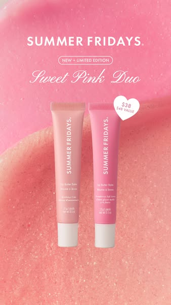 An image ad for Summer Fridays Sweet Pink Duo, a new + limited edition lip butter balm set. The ad highlights the set