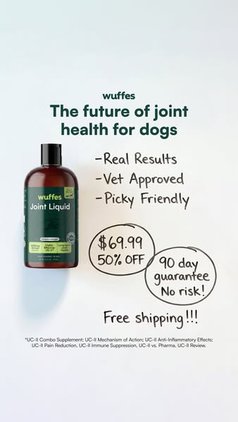 This ad promotes Wuffes Joint Liquid, a supplement designed to support joint health in dogs. The ad highlights key benef