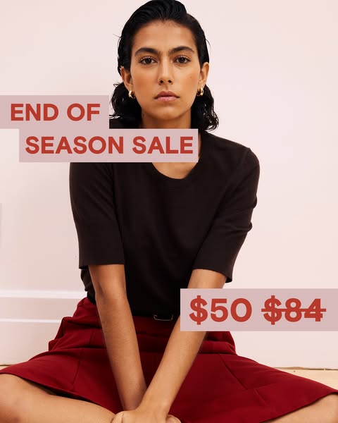 This image ad showcases a woman modeling an outfit for an end-of-season sale. The ad highlights the discounted price of 