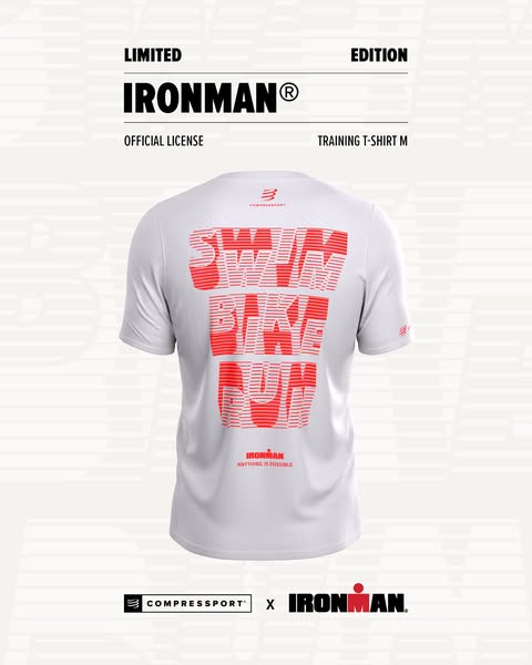 This ad showcases the Compressport Ironman Training T-Shirt, emphasizing its limited edition status and official licensi