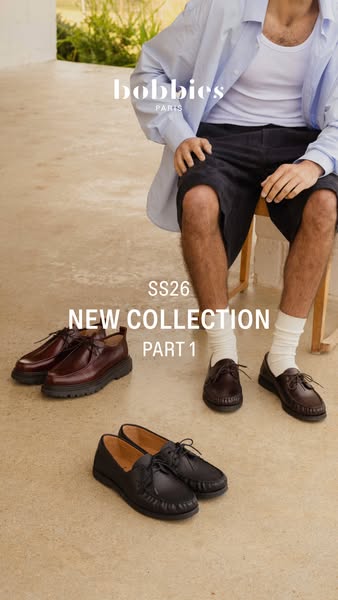 This image ad for Bobbies Paris features an individual wearing an open light blue shirt, white tank top and dark shorts.