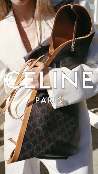 This ad features a woman holding a CELINE tote bag, showcasing its design and material. The bag is displayed prominently