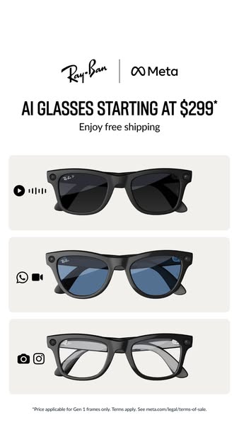 This static image ad for Ray-Ban Meta AI glasses highlights features by showcasing different models with icons indicatin