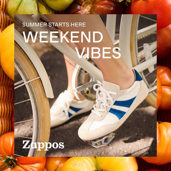 This image ad features a pair of Zappos shoes on a bicycle pedal, set against a background of colorful tomatoes and the 