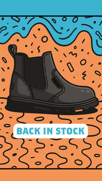 This ad features an animated cartoon-style image of a Brunt work boot with a 'Back in Stock' message.