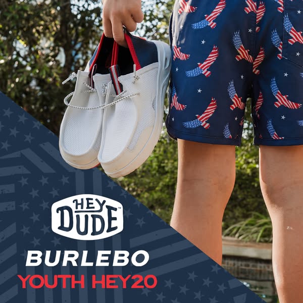 This is an advertisement for Hey Dude shoes, promoting their Burlebo Youth Hey20 style. The ad features a young person h