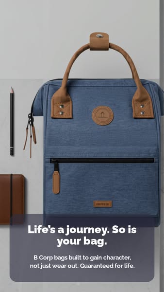 This ad showcases a blue backpack with brown leather accents, positioned as a durable and stylish companion for life'
