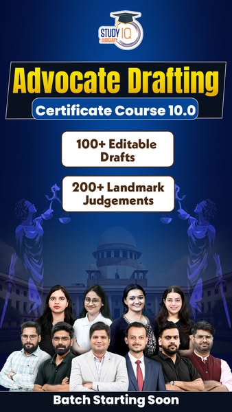 The image ad promotes Study IQ Judiciary's Advocate Drafting Certificate Course 10.0. It highlights the benefits of 