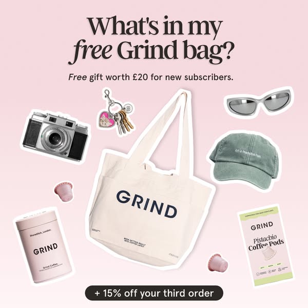 This ad showcases the perks new subscribers get in their free Grind bag, including coffee pods and an everyday tote. It 