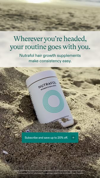 This image ad for Nutrafol hair growth supplements for women's balance highlights the convenience of taking the prod