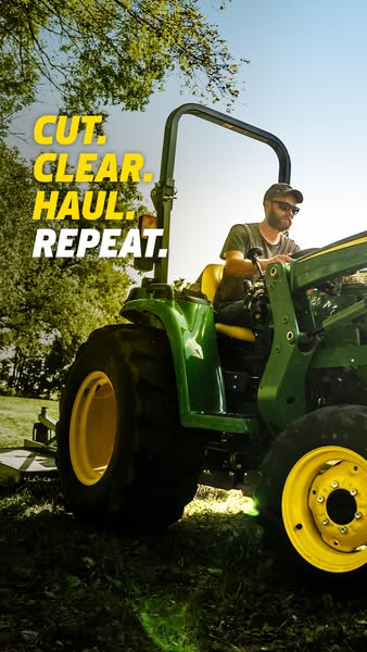 The image is an advertisement for a John Deere tractor. The ad highlights the tractor's utility and reliability with