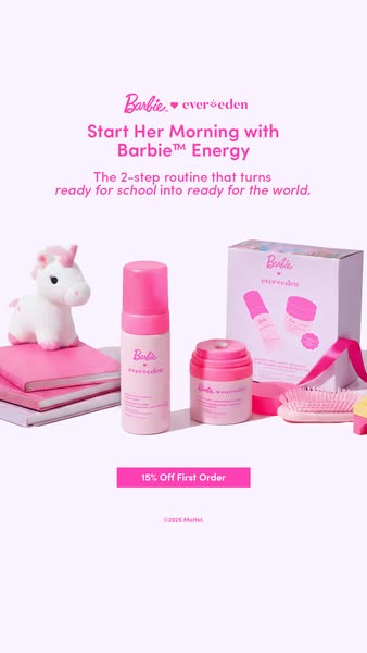 This image ad features a 2-step skincare routine, Barbie™ Energy, from Barbie and evereden. It includes an on-sale promo