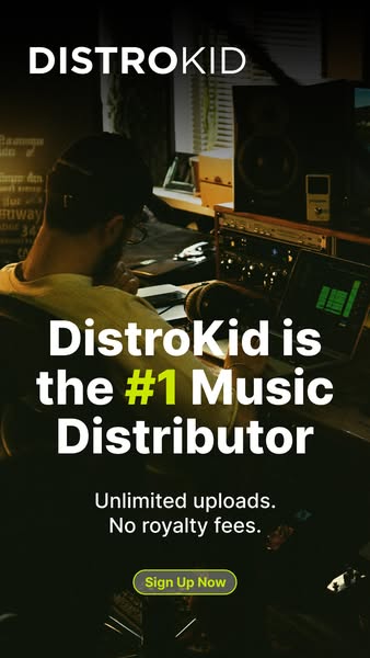 This ad for DistroKid, a music distribution service, highlights its position as the #1 distributor and promotes unlimite