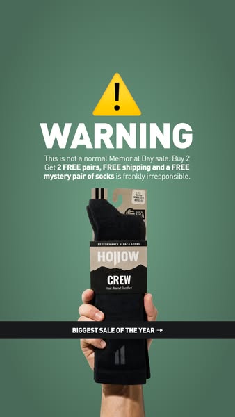 The ad is promoting a sale for Hojiow alpaca socks and it features a bright yellow warning sign to call attention to the
