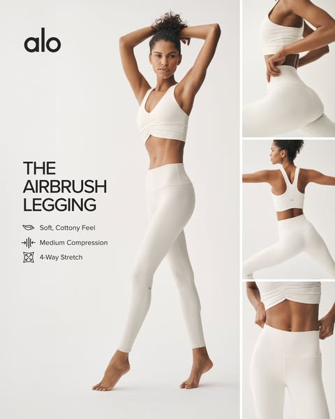 This ad showcases Alo Yoga's Airbrush Leggings, highlighting their soft, cottony feel, medium compression, and 4-way