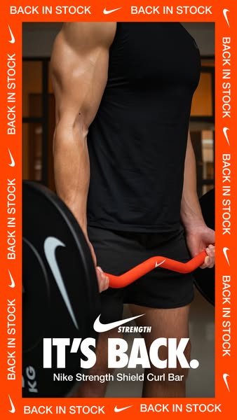 This image ad for the Nike Strength Shield Curl Bar features a muscular man holding the product. The ad highlights that 