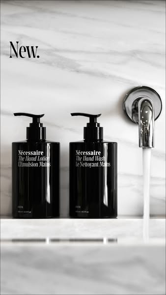 This ad showcases Nécessaire's new hand wash and lotion, emphasizing their minimalist packaging and luxurious placem