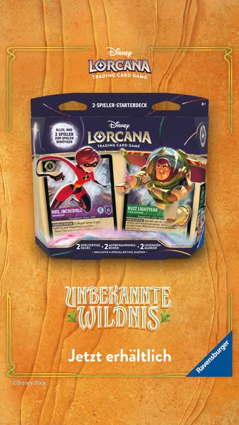 This image ad showcases the Disney Lorcana Trading Card Game 2-Player Starter Deck with Mrs. Incredible and Buzz Lightye