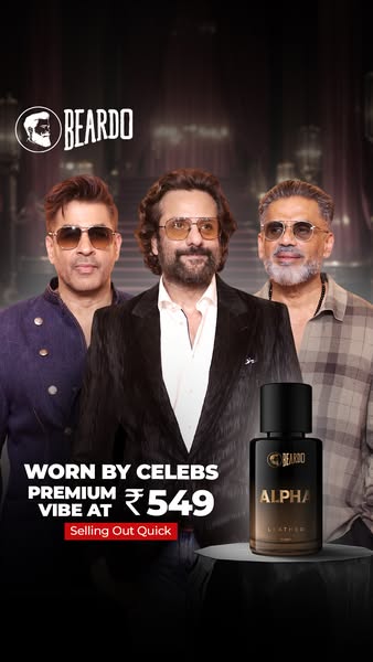 This image ad for Beardo Alpha perfume features a group of Indian male celebrities to promote the product's premium