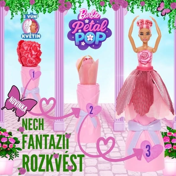 The ad promotes the Barbie Petal Pop doll with a visual breakdown of the doll's features, showcasing how the doll tr