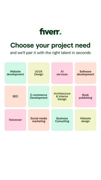 This ad for Fiverr uses a grid of colorful squares to illustrate the range of services they offer.
