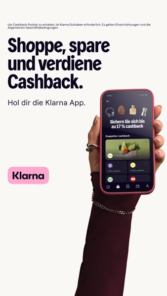This image ad promotes the Klarna app, encouraging users to shop, save, and earn cashback. It showcases the app interfac