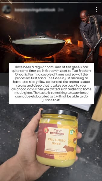 This ad features a customer testimonial about Two Brothers Organic Farms Cultured Ghee. The ad uses an image that is for