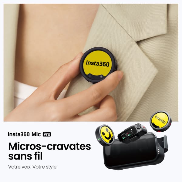 This image ad showcases the Insta360 Mic Pro wireless microphone system. The ad features a person attaching the micropho
