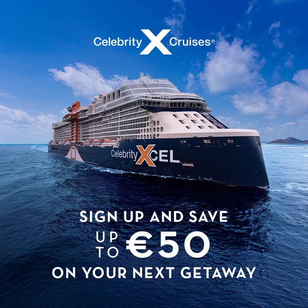 This image ad promotes Celebrity Cruises, offering savings of up to €50 on your next getaway. The ad features a large cr