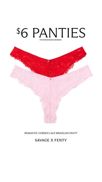 This ad showcases Savage X Fenty's romantic corded lace Brazilian panty, highlighting a limited-time offer for new r