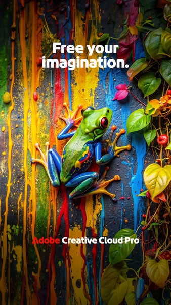 Image ad for Adobe Creative Cloud Pro featuring a colorful tree frog perched on a textured wall with streams of colorful