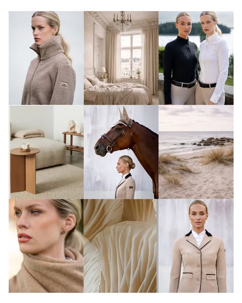 This moodboard-style ad evokes a sense of sophisticated equestrian lifestyle through curated, neutral-toned imagery. It 