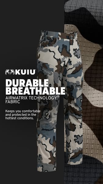 This image ad showcases KUIU AIRMATRIX TECHNOLOGY fabric pants for comfort and protection in hot conditions, highlightin