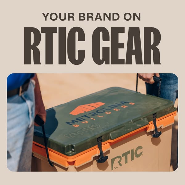 This image ad showcases RTIC coolers as a customizable promotional product for businesses. It features a cooler branded 