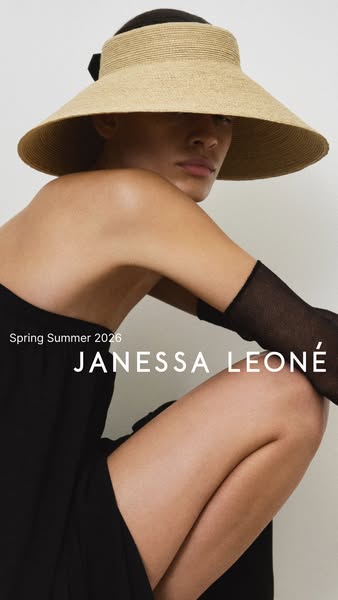 A still image ad featuring a woman wearing a Janessa Leone visor hat from the Spring Summer 2026 collection.