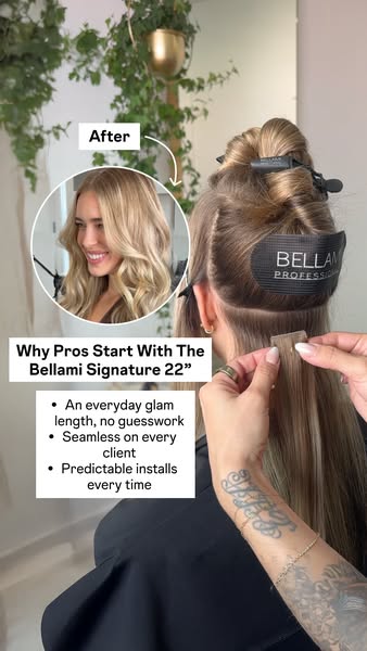 This ad highlights the features and benefits of Bellami Signature 22" hair extensions. It addresses the challenges 