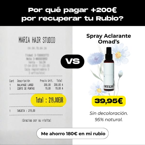 This image ad compares the price of getting a balayage and hair trim at a salon versus using Omad's spray to touch u