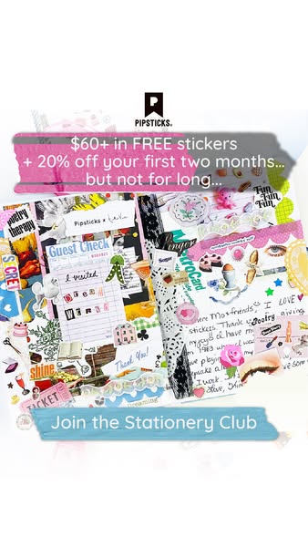This image ad promotes the Pipsticks stationery club membership and highlights the offer of $60+ in free stickers plus 2