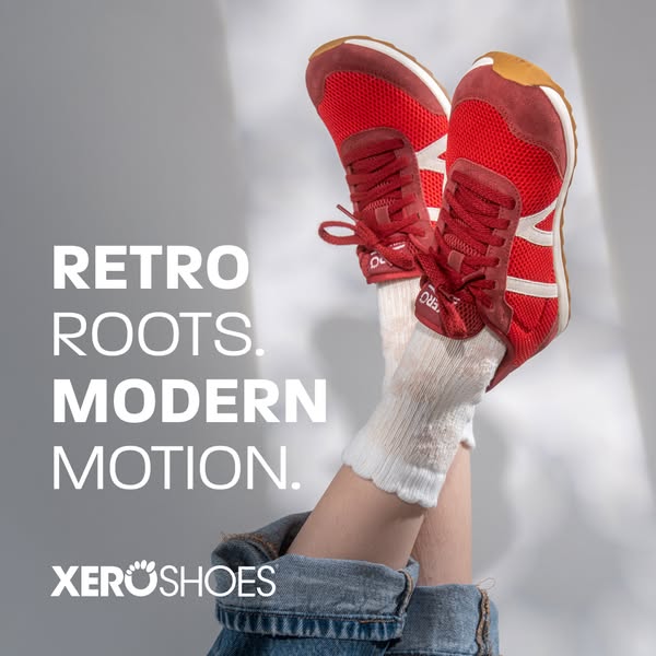 This ad for Xero Shoes features a pair of red sneakers worn by someone lying on their back, with their legs raised in th