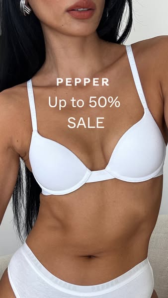 This image ad promotes a sale of up to 50% off Pepper brand bras. The focus of the ad is to highlight the product and sa