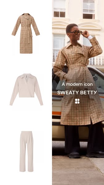 This image ad features a woman modeling a Sweaty Betty coat with coordinating separates. The ad highlights the brand'