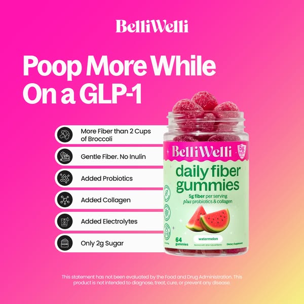 This ad promotes BelliWelli daily fiber gummies, highlighting that they can help counteract the constipation that can be